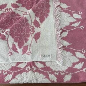 VTG St Marys Pink White 100% Cotton Floral Print Washcloth Fringe Bath Towel